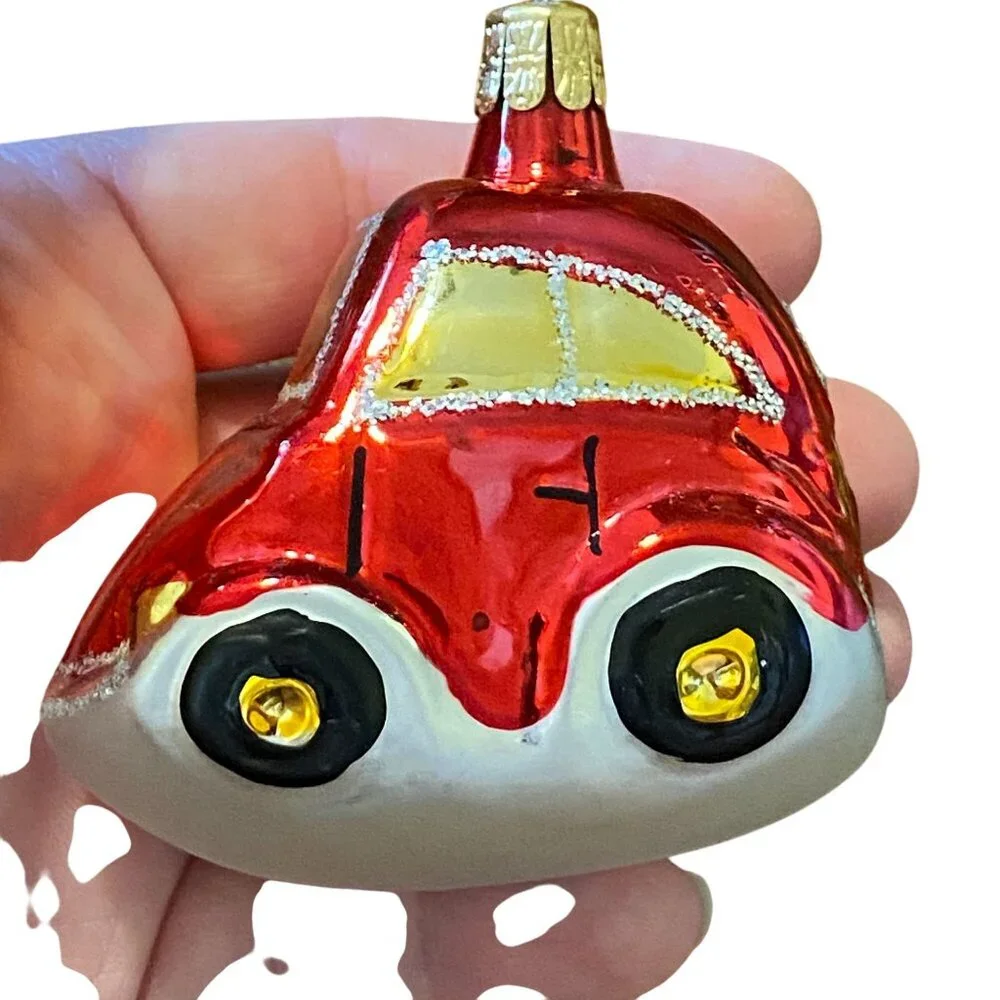 Blown Glass Red car Christmas‎ tree ornament taxi compact glitter